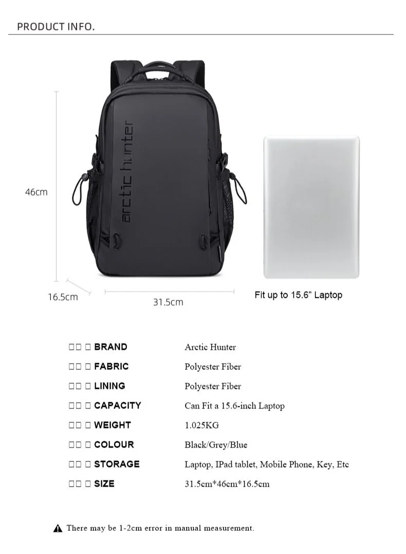 Arctic Hunter Black Light Weight Premium Shoulder Backpack 15.6 inch Water Resistant Laptop Daypack for Men and Women, B00530, Black  | Best Price UAE